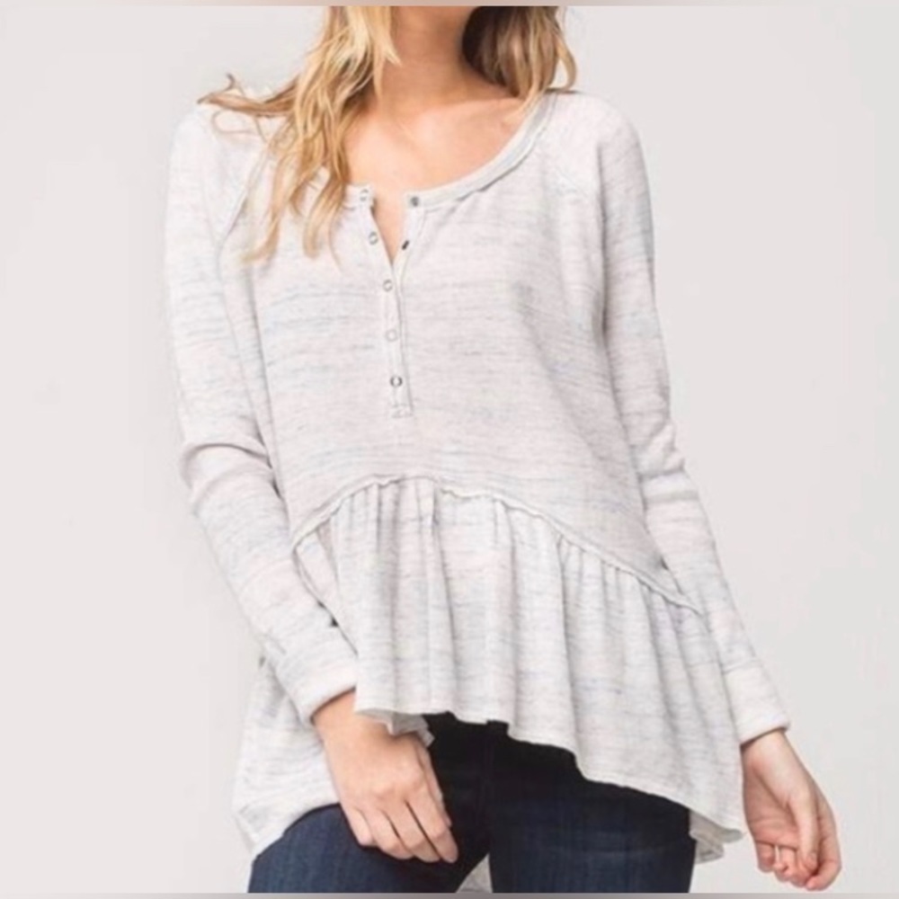 We The Free People Coastline Top Women's Grey Marble Peplum Hem Henley Thermal M